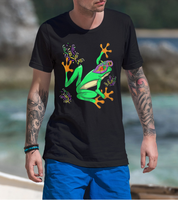 Frog In Mardi Gras Mask With Party Streamers T-Shirt