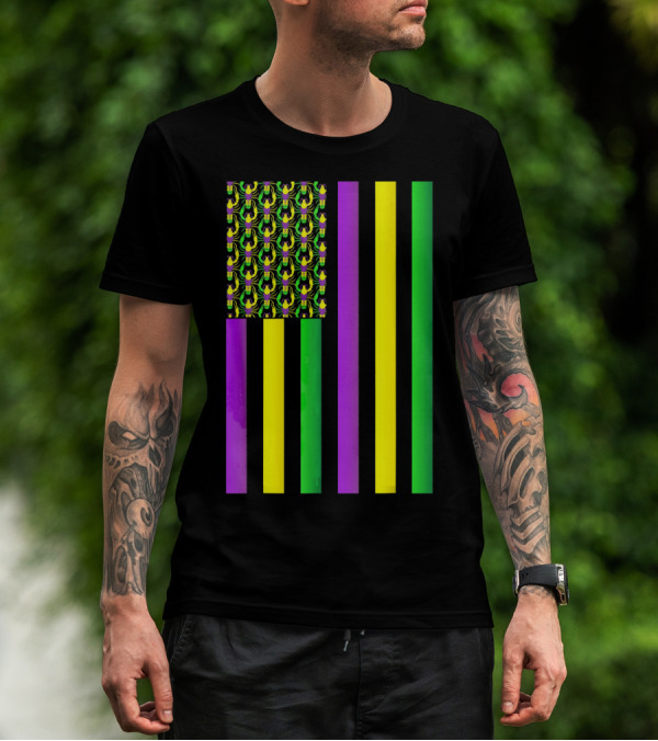Usa Flag Mardi Gras Crawfish Purple Yellow Green Stripes T-Shirt