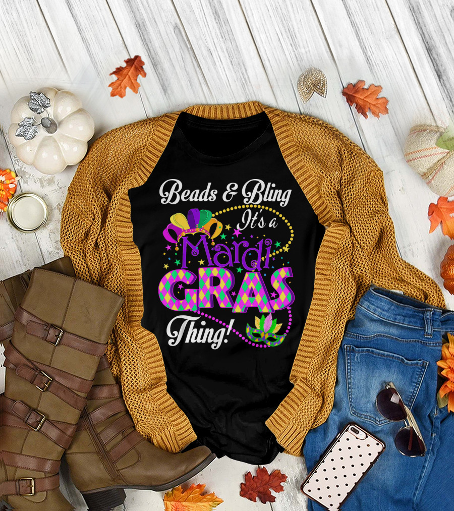 Beads and Bling It's a Mardi Gras Thing Colorful Crown and Mask T-Shirt