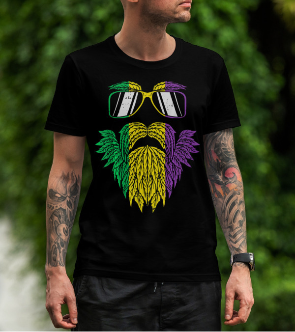 Purple Green Yellow Beard Sunglasses Mardi Gras Hipster T-Shirt