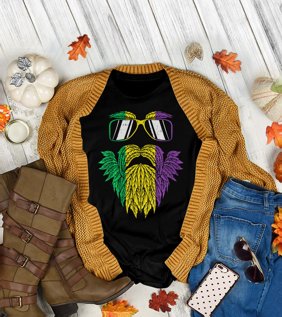Purple Green Yellow Beard Sunglasses Mardi Gras Hipster T-Shirt