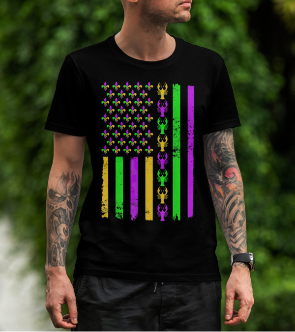 American Flag Fleur De Lis Crawfish Mardi Gras Colors T-Shirt