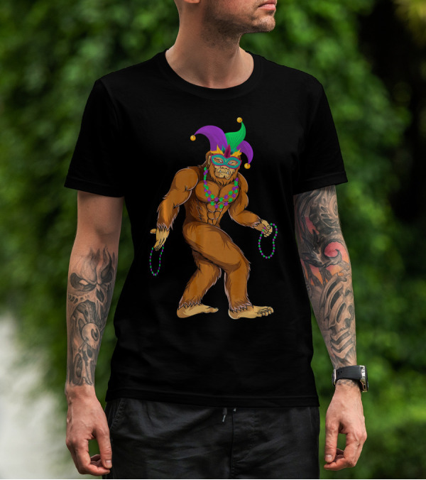 Mardi Gras Bigfoot Wearing Jester Hat Mask And Beads T-Shirt