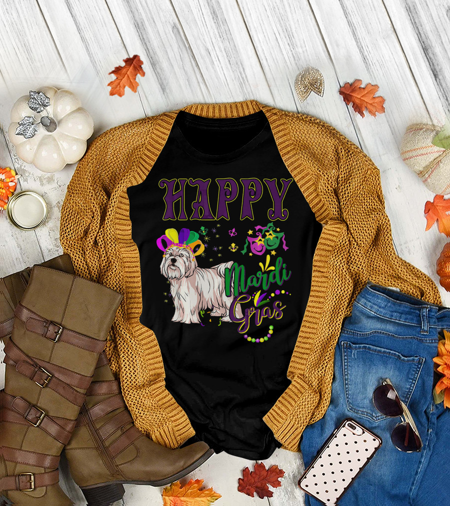Happy Mardi Gras Maltese with Colorful Masks and Beads T-Shirt