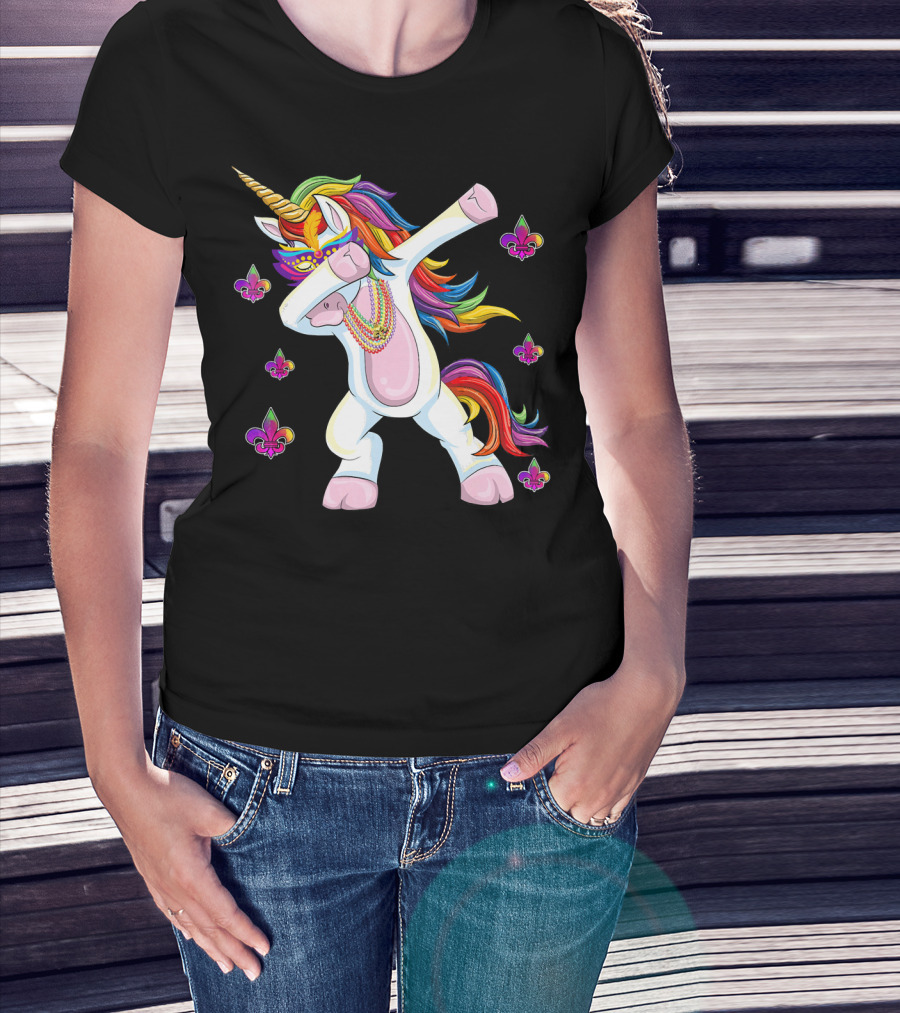 Mardi Gras New Orleans Unicorn Dabbing Fleur-de-Lis Beads T-Shirt