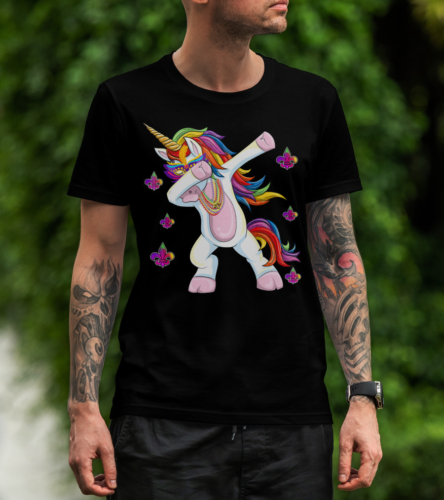 Mardi Gras New Orleans Unicorn Dabbing Fleur-de-Lis Beads T-Shirt