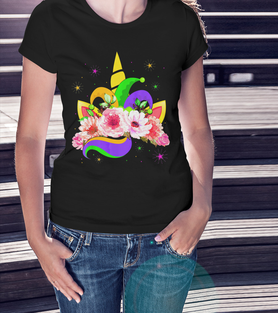 Mardi Gras Unicorn Costume With Mask Bea Floral Headpiece And Colorful Jester Hat T-Shirt