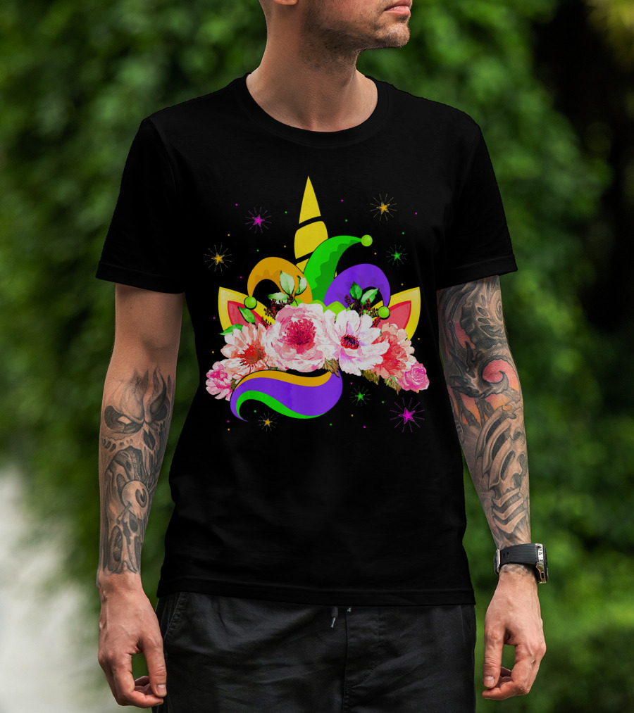Mardi Gras Unicorn Costume With Mask Bea Floral Headpiece And Colorful Jester Hat T-Shirt