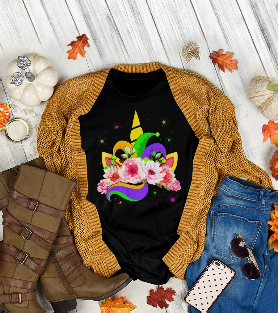 Mardi Gras Unicorn Costume With Mask Bea Floral Headpiece And Colorful Jester Hat T-Shirt