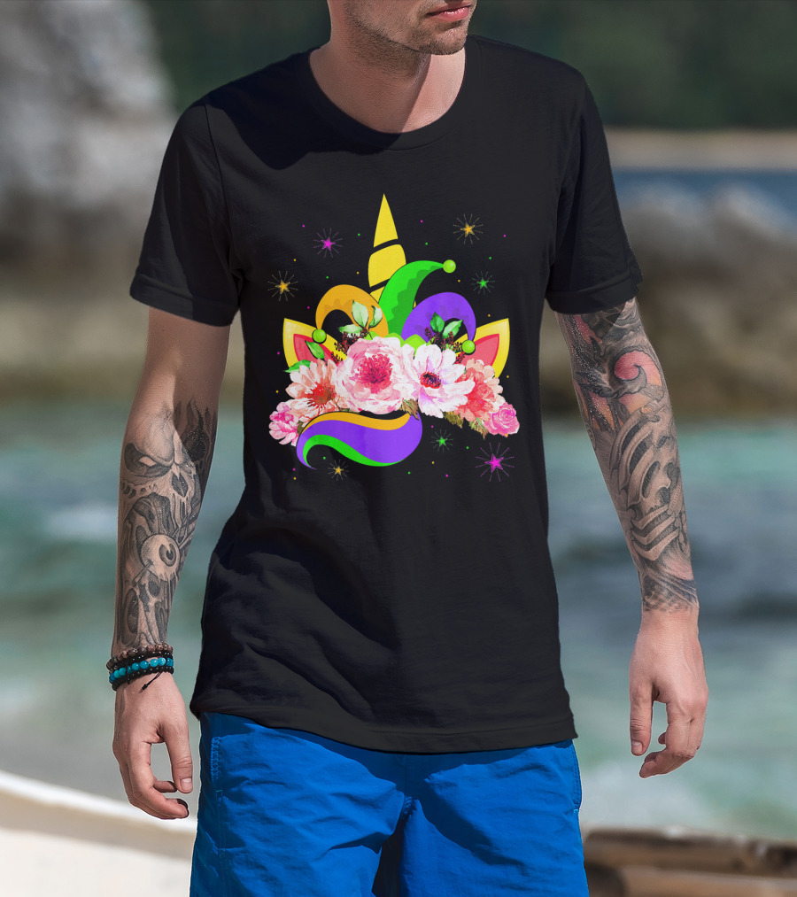 Mardi Gras Unicorn Costume With Mask Bea Floral Headpiece And Colorful Jester Hat T-Shirt