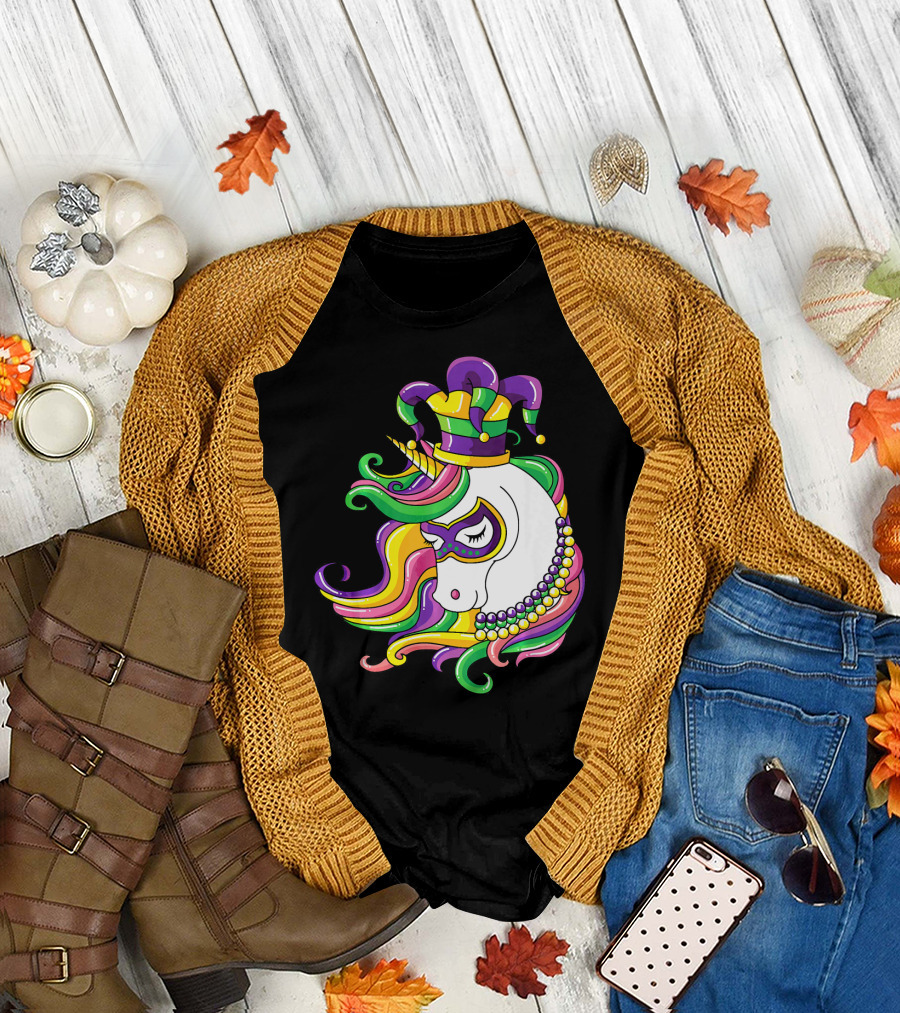 Jester Hat Rainbow Unicorn Mardi Gras Beads T-Shirt