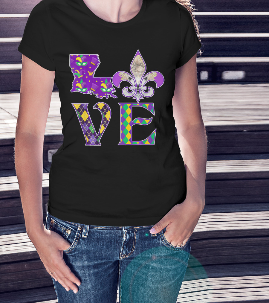 LOVE Louisiana Mardi Gras Llama Fleur-de-Lis T-Shirt