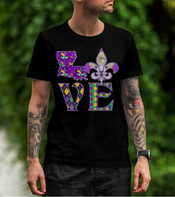 LOVE Louisiana Mardi Gras Llama Fleur-de-Lis T-Shirt