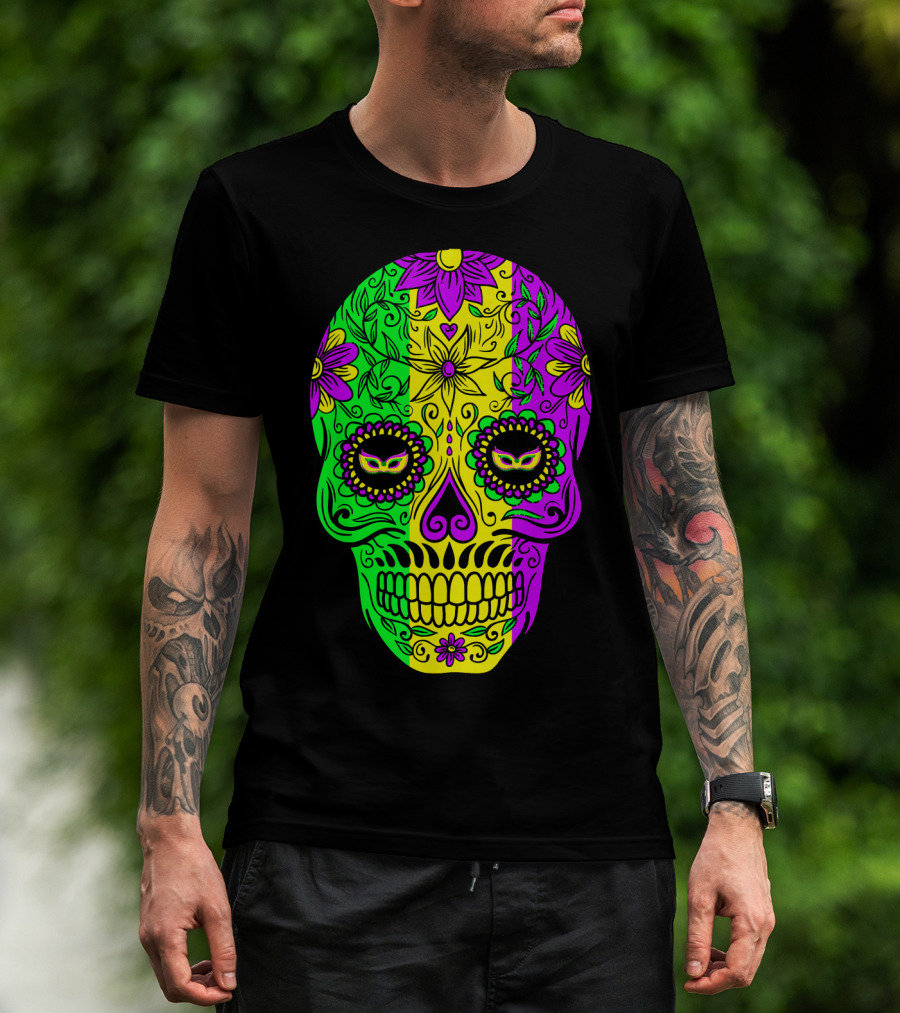 Mardi Gras Sugar Skull With Jester Hat Design And Colorful Floral T-Shirt