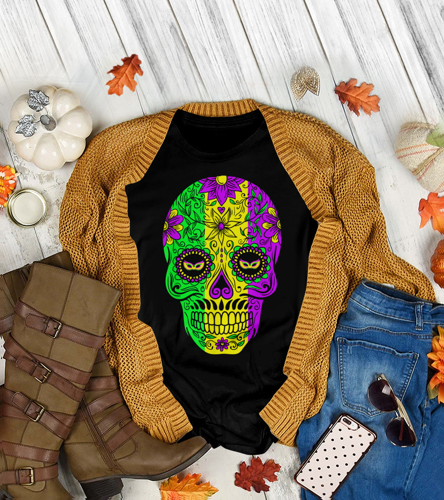 Mardi Gras Sugar Skull with Jester Hat Design and Colorful Floral T-Shirt