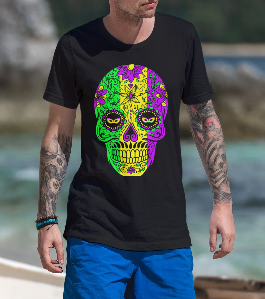 Mardi Gras Sugar Skull With Jester Hat Design And Colorful Floral T-Shirt