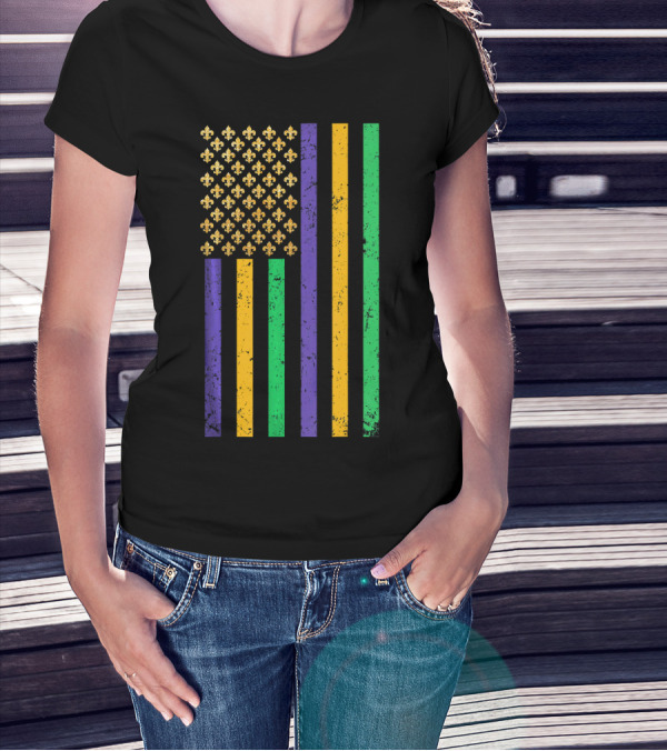 Mardi Gras American Flag Fleur-de-Lis Party Fun T-Shirt