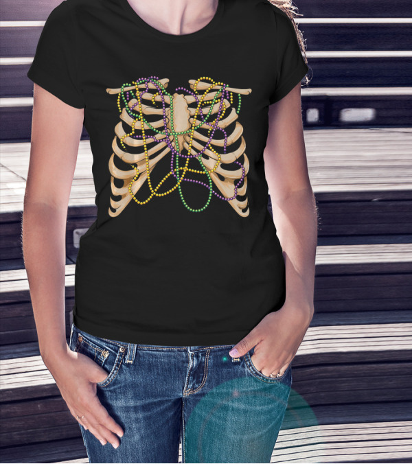 Mardi Gras Rib Cage Bone Skeleton Beads T-Shirt