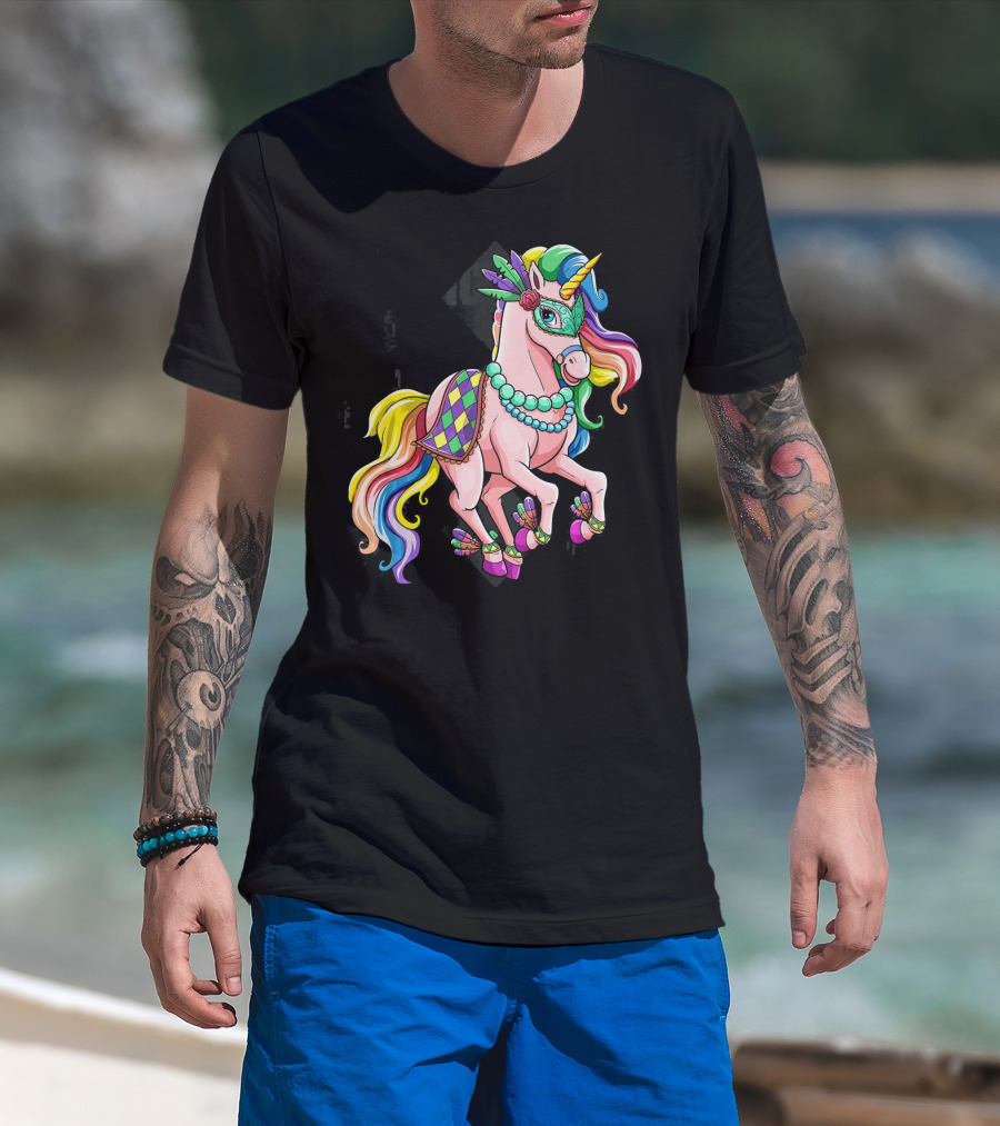Mardi Gras Unicorn New Orleans Beads Mask Colorful Harlequin T-Shirt