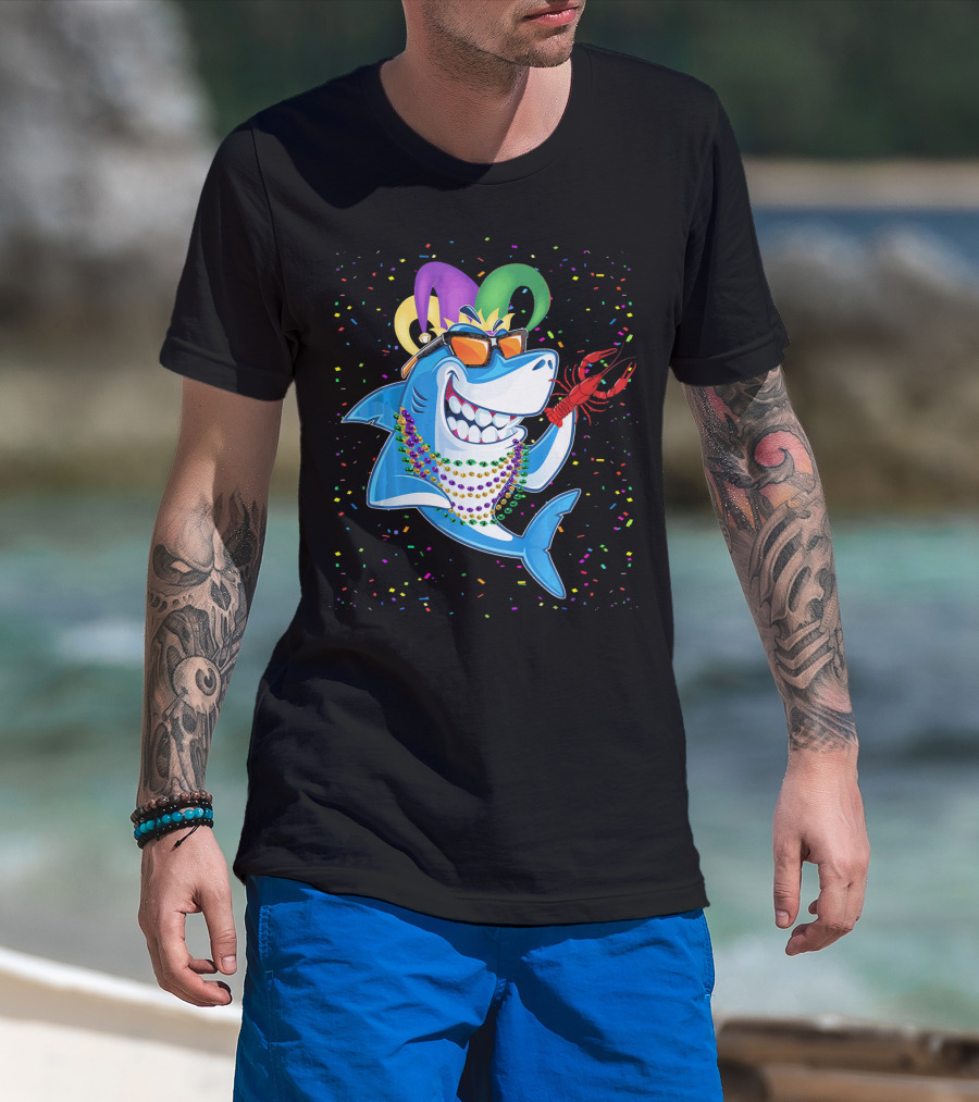 Funny Shark Mardi Gras Jester Beads Crawfish T-Shirt