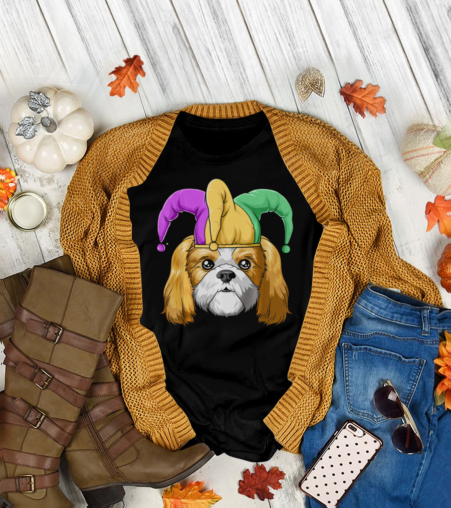 Mardi Gras Shih Tzu with Jester Carnival Hat T-Shirt