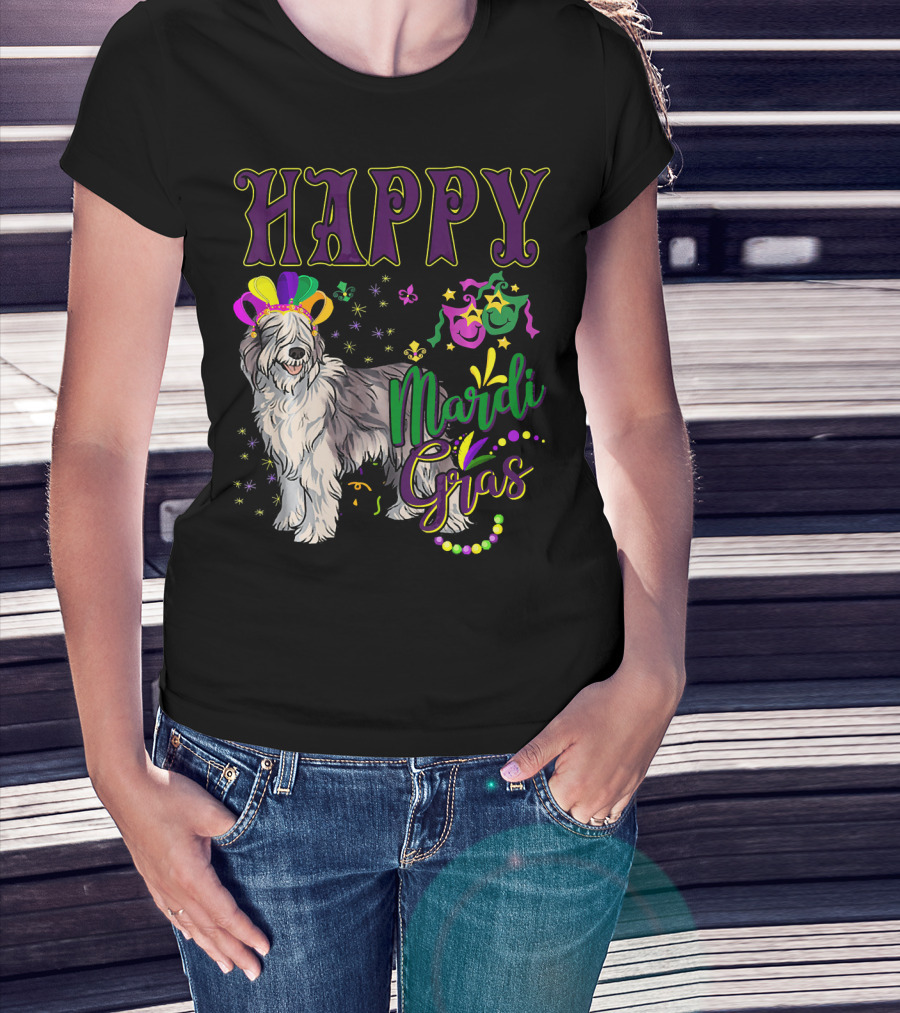 HAPPY Mardi Gras Olde English Sheepdog Mask Beads T-Shirt