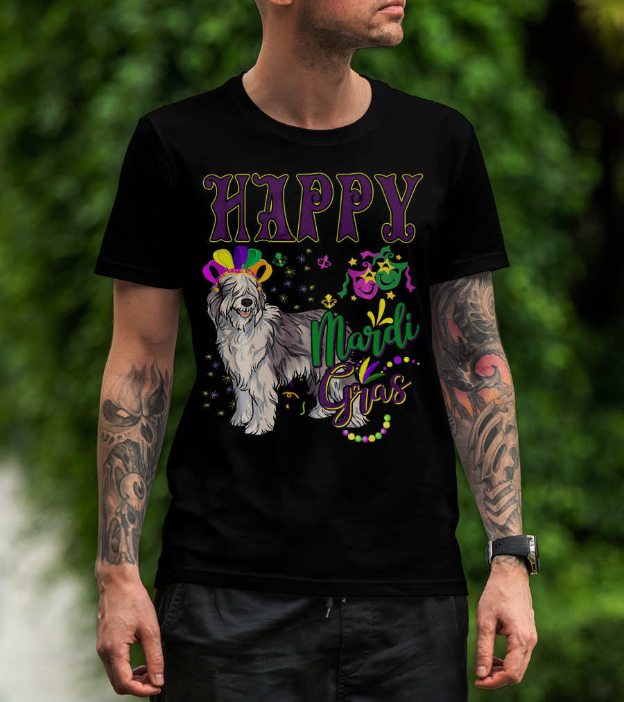 HAPPY Mardi Gras Olde English Sheepdog Mask Beads T-Shirt