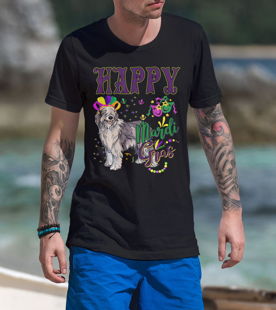 HAPPY Mardi Gras Olde English Sheepdog Mask Beads T-Shirt