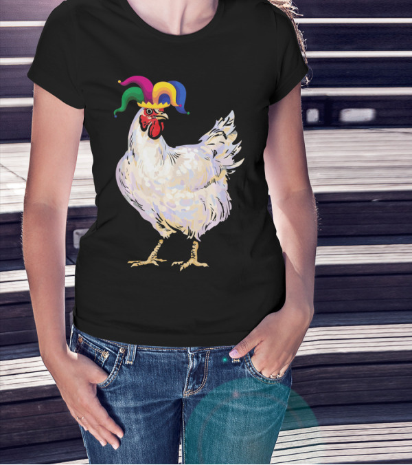 Funny Mardi Gras Chicken Wearing Colorful Jester Hat T-Shirt