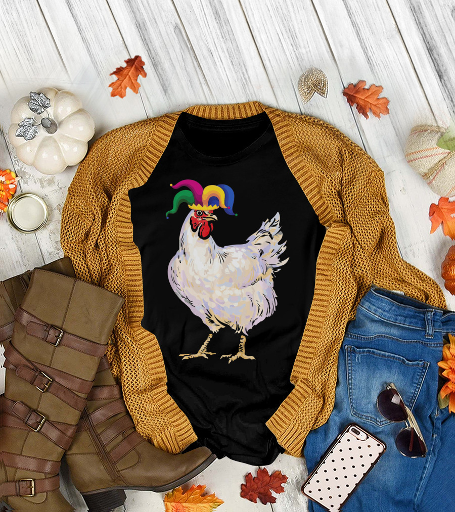 Funny Mardi Gras Chicken Wearing Colorful Jester Hat T-Shirt