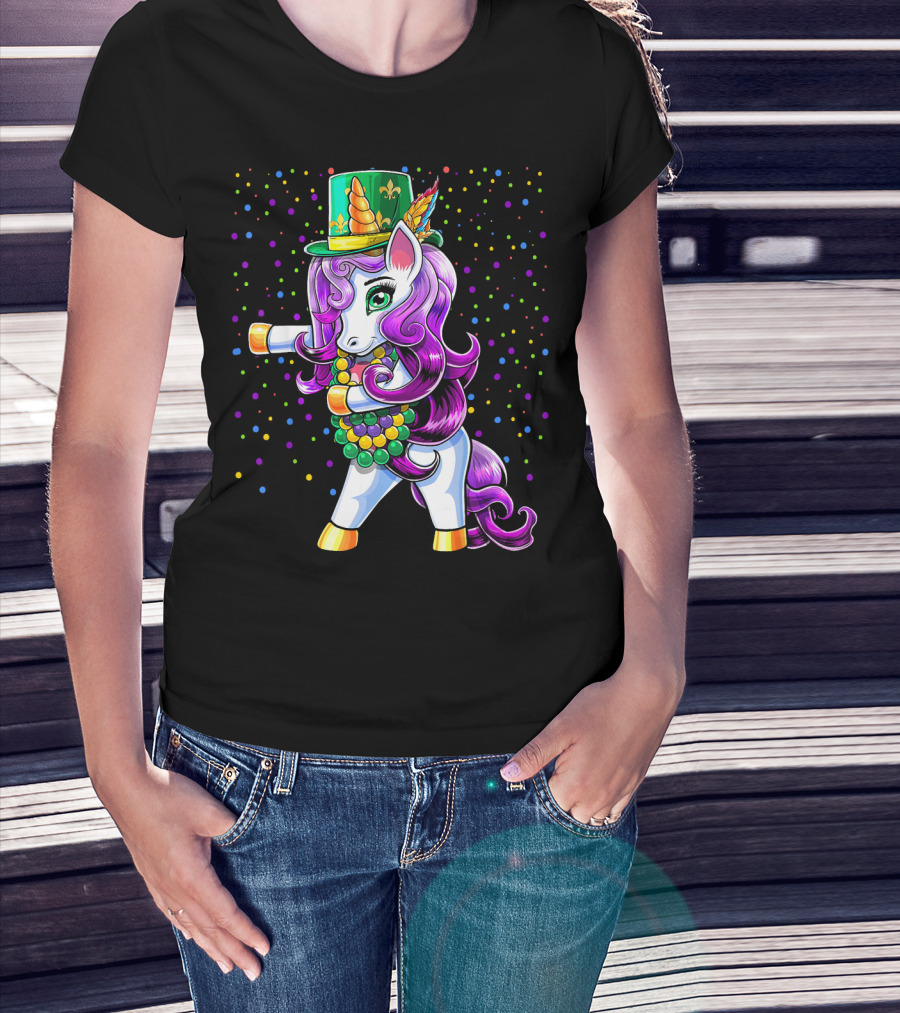 Mardi Gras Unicorn Flossing With Jester Hat And Beads T-Shirt