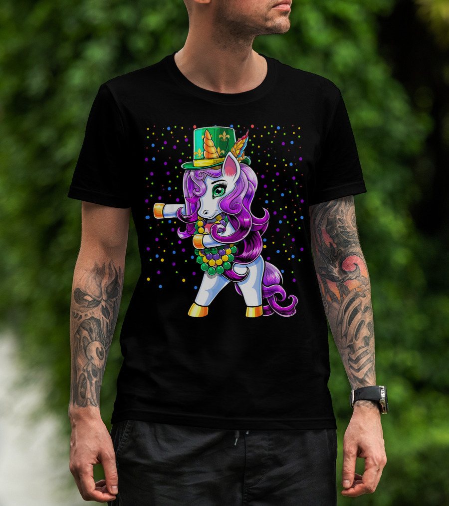 Mardi Gras Unicorn Flossing With Jester Hat And Beads T-Shirt