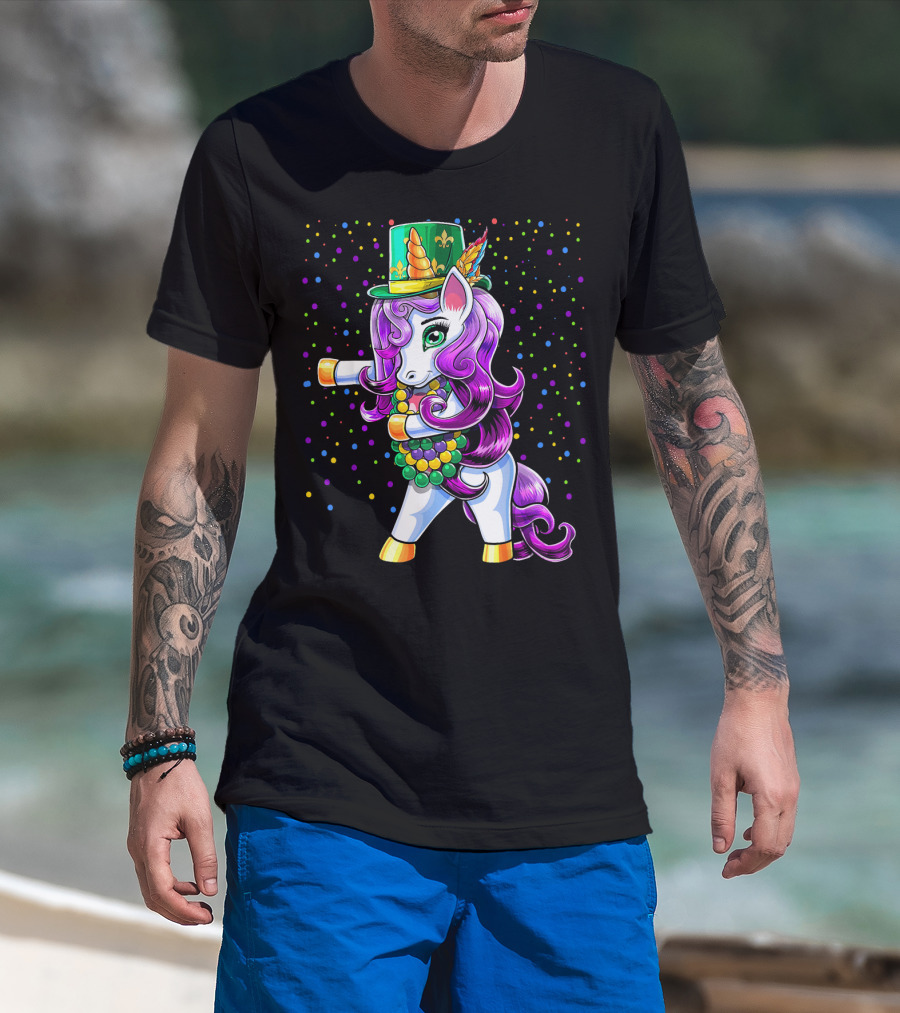 Mardi Gras Unicorn Flossing With Jester Hat And Beads T-Shirt