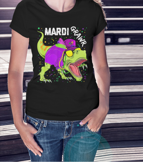 Mardi Grawr Dinosaur Mardi Gras Beads Cosplay Party T-Shirt