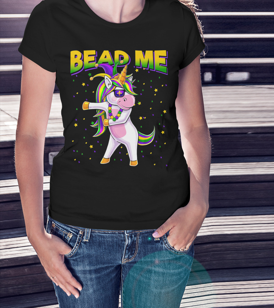 Bead Me Mardi Gras Flossing Unicorn Jest Fleur-de-lis Stars T-Shirt