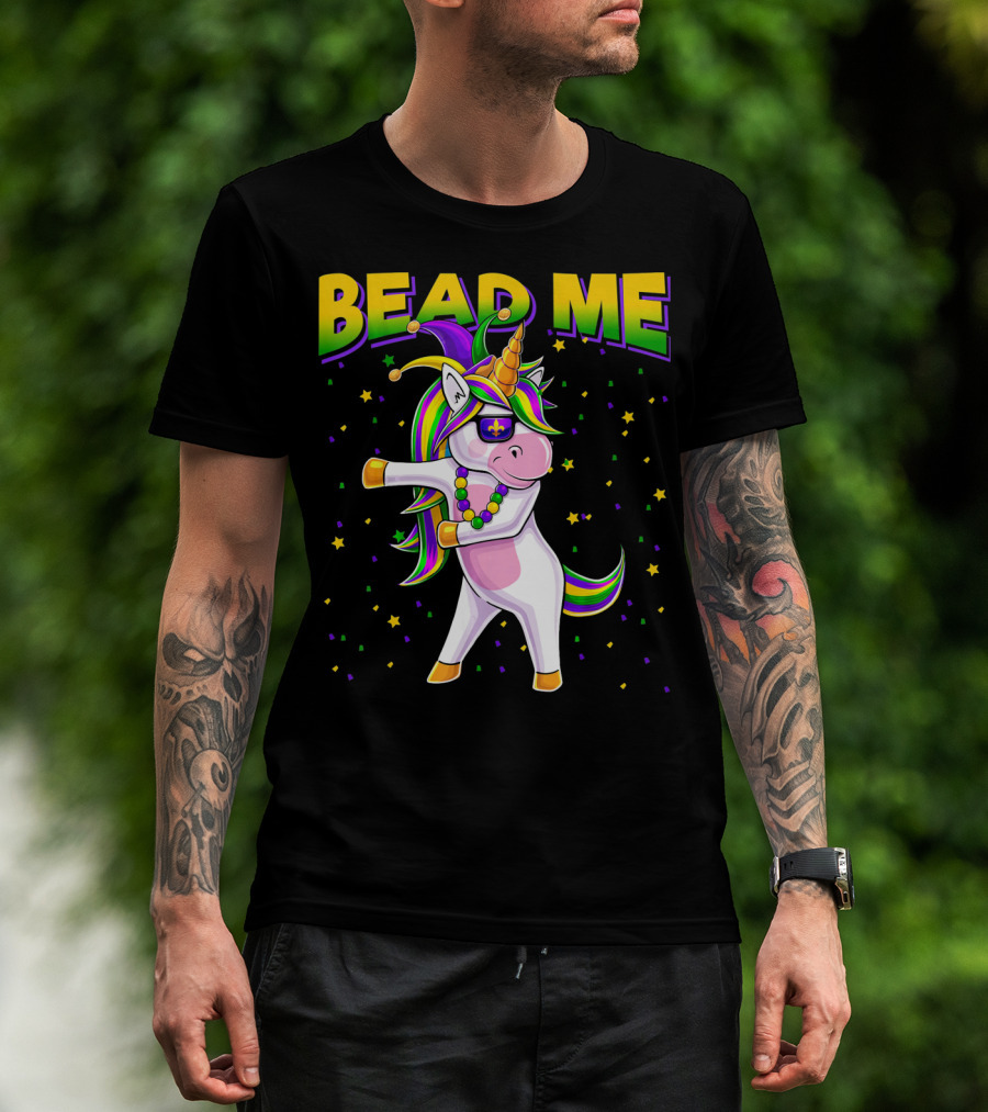 Bead Me Mardi Gras Flossing Unicorn Jest Fleur-de-lis Stars T-Shirt
