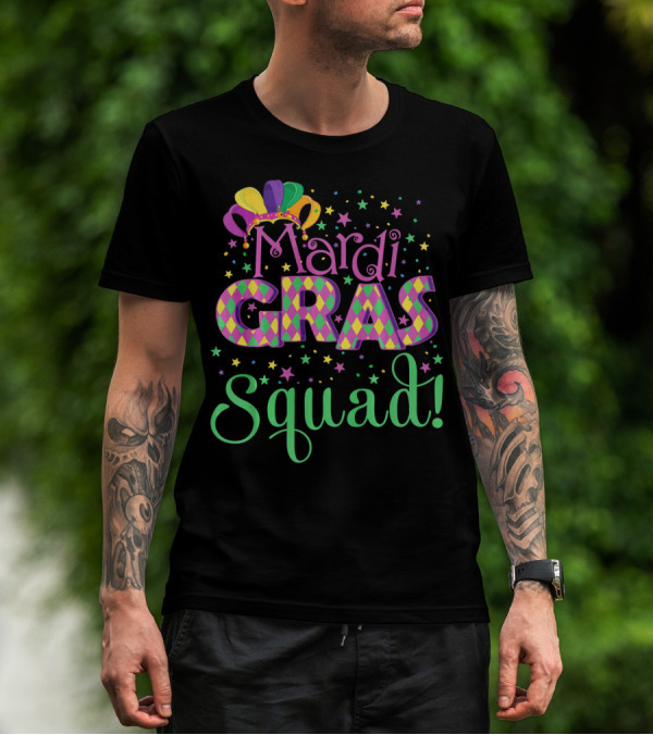 Mardi Gras Squad Funny Carnival Colorful Jester Hat And Stars T-Shirt