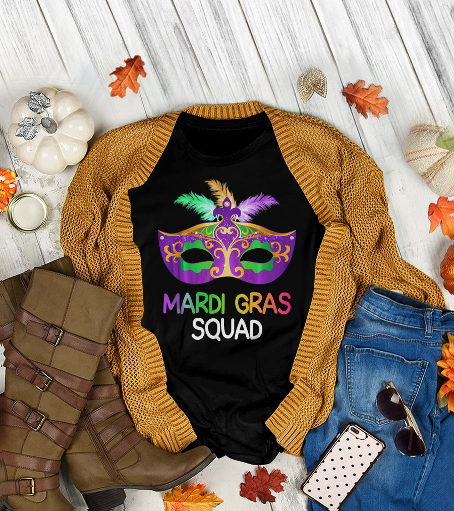Mardi Gras Squad Colorful Mask Team Fun T-Shirt