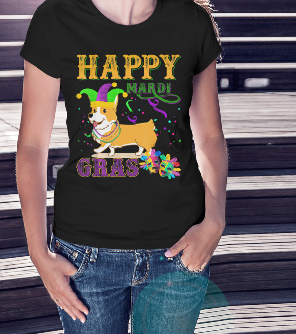 Happy Mardi Gras Welsh Corgi Costume Party T-Shirt