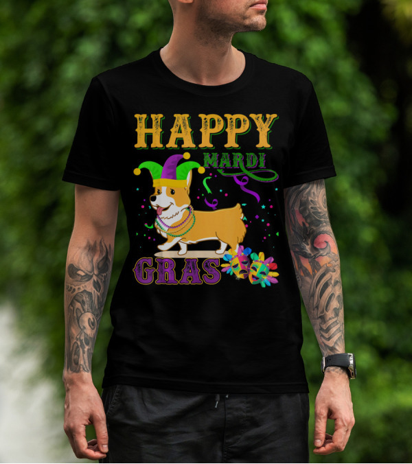 Happy Mardi Gras Welsh Corgi Costume Party T-Shirt