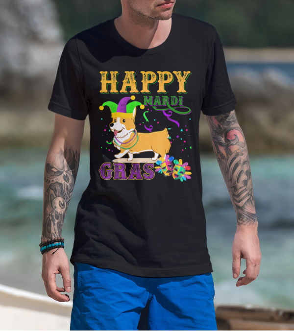 Happy Mardi Gras Welsh Corgi Costume Party T-Shirt