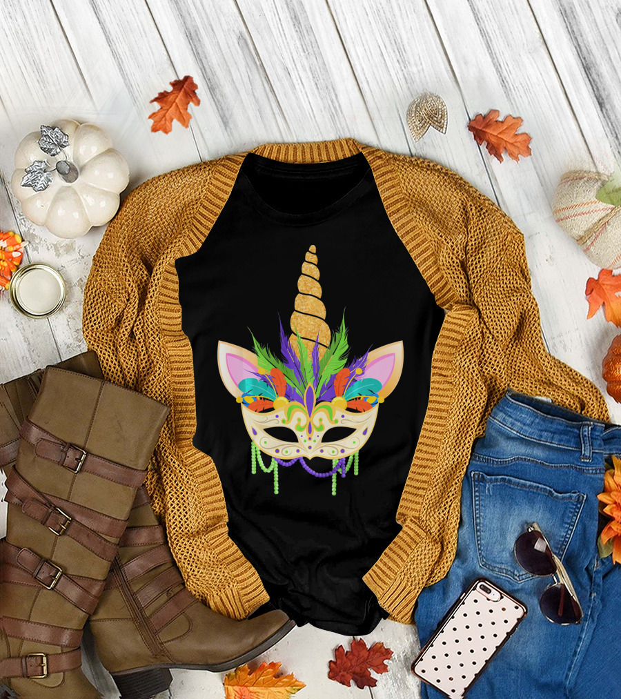 Unicorn Mask with Feathers and Beads Mardi Gras T-Shirt