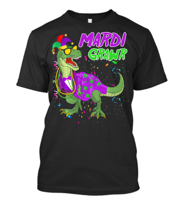 Mardi Grawr Dinosaur In Beads And Jester Hat With Confetti T-Shirt