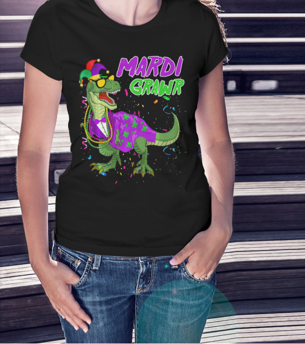 Mardi Grawr Dinosaur In Beads And Jester Hat With Confetti T-Shirt
