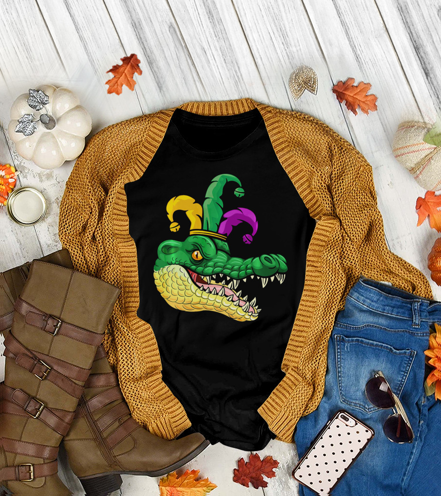 Alligator Head Mardi Gras Jester Hat Gator Clown T-Shirt