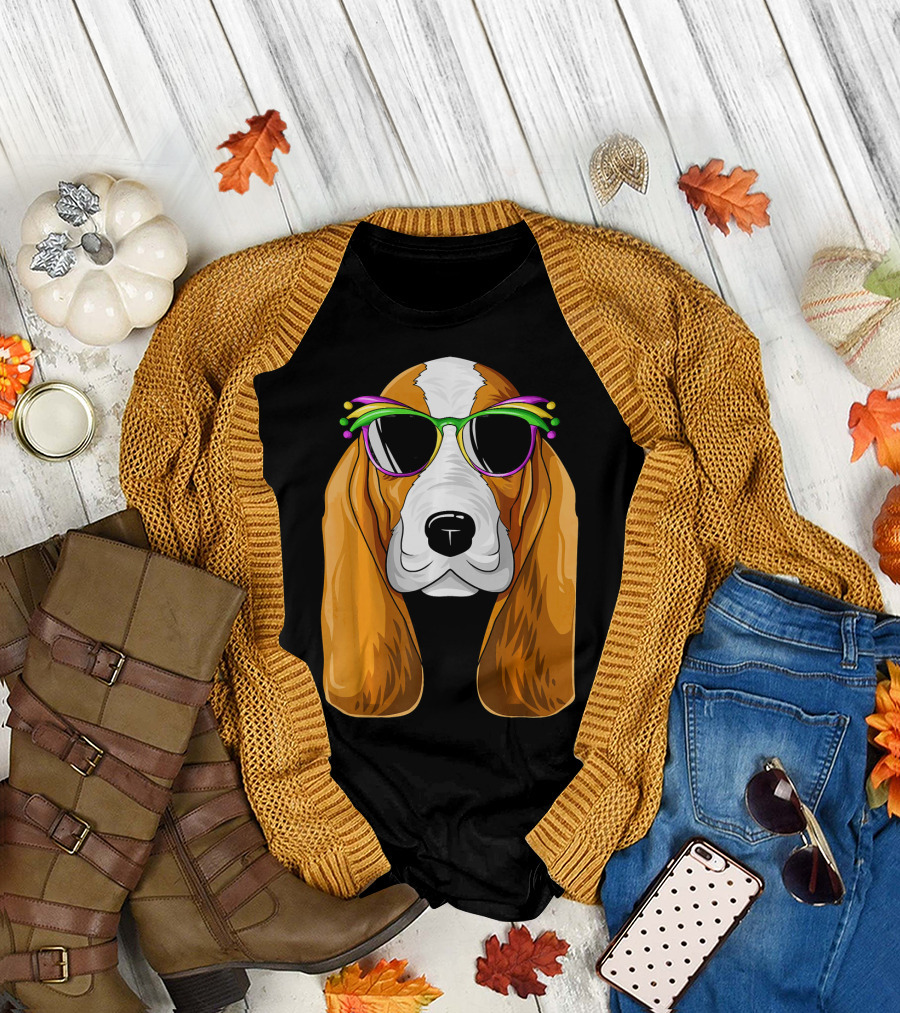 Basset Hound with Mardi Gras Carnival Mask and Sunglasses T-Shirt