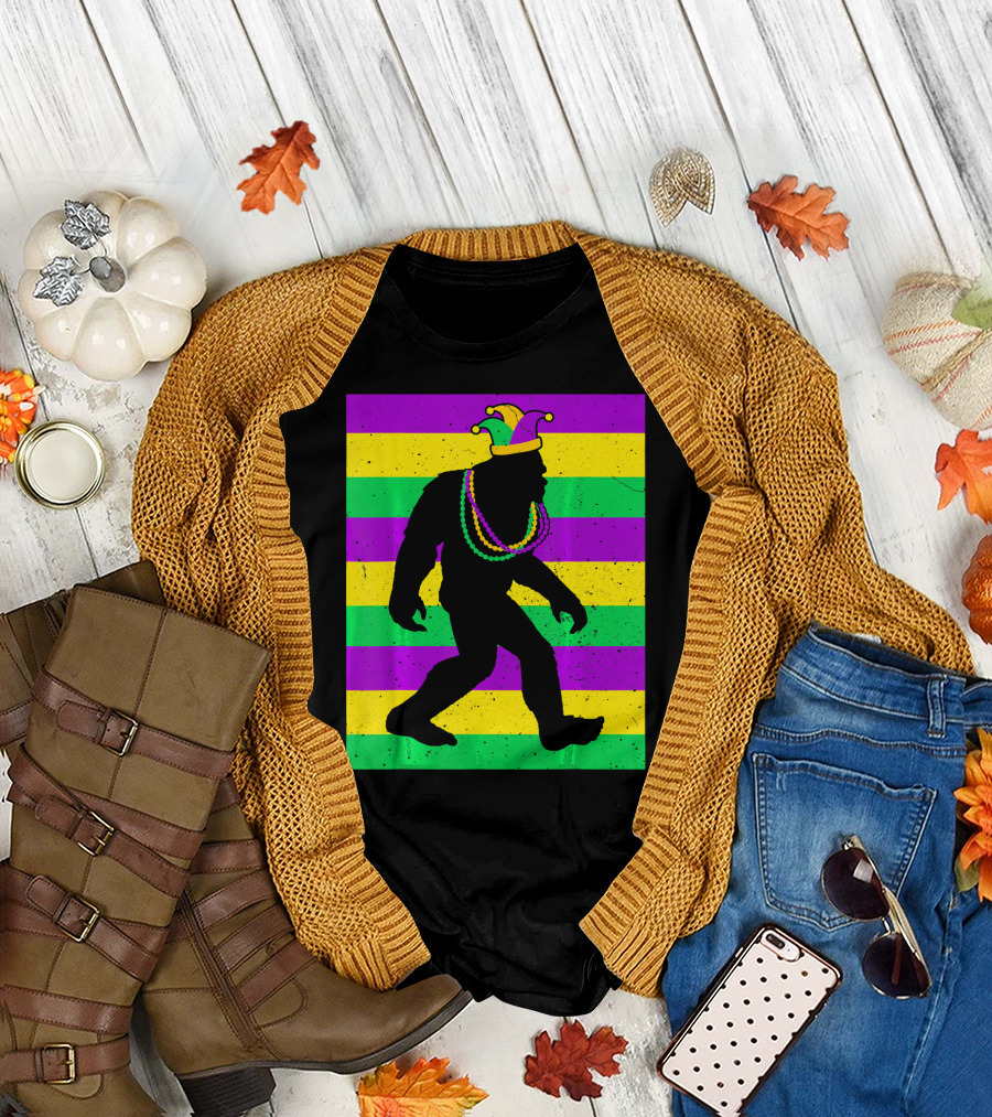 Bigfoot Sasquatch in Mardi Gras Jester Hat and Beads T-Shirt