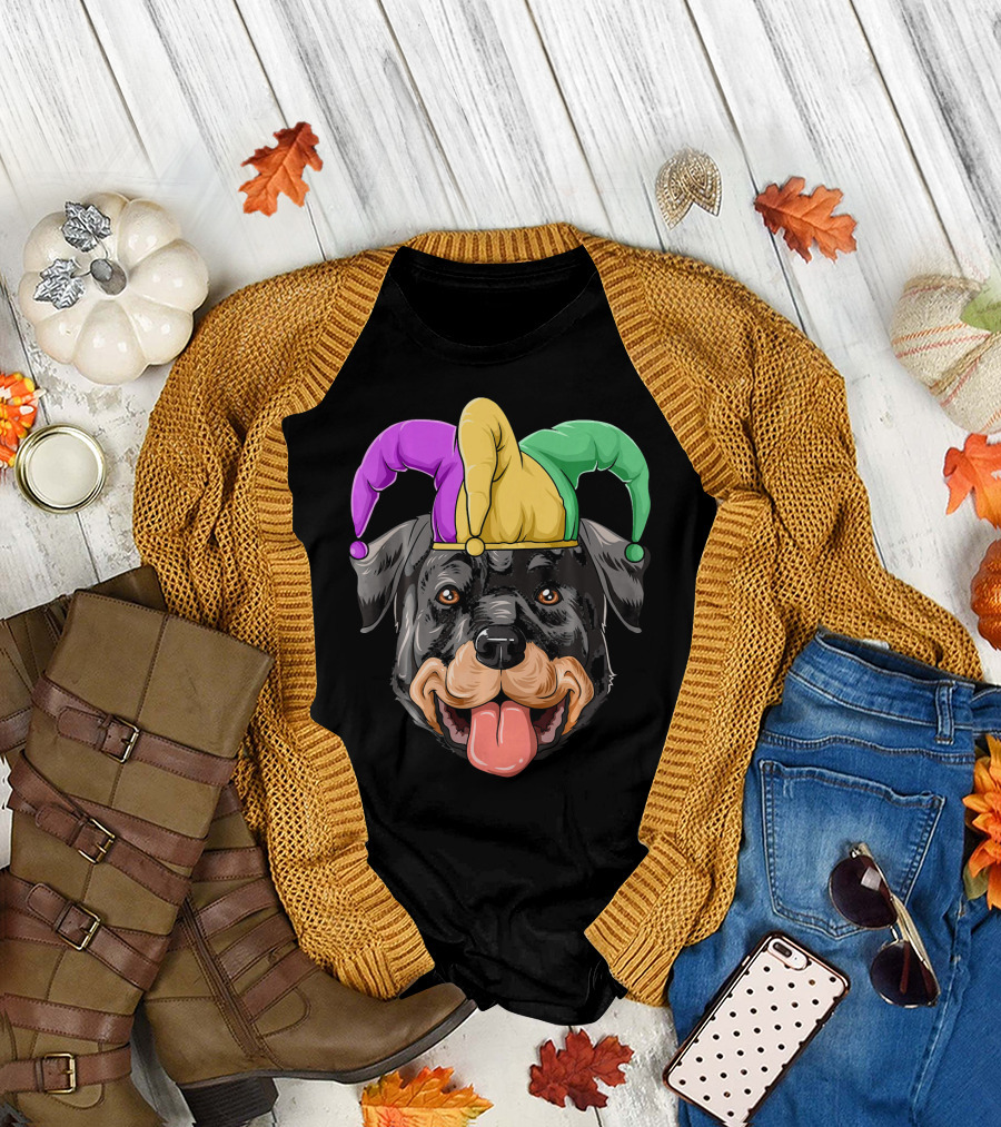 Mardi Gras Rottweiler Carnival Hat Jester Colors T-Shirt