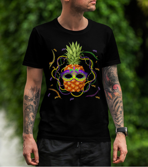 Pineapple Mardi Gras Funny Mask Beads Feathers T-Shirt