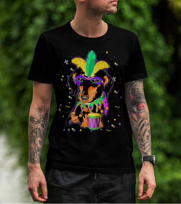 Cute Dachshund In Mardi Gras Mask With Drum And Feathers T-Shirt
